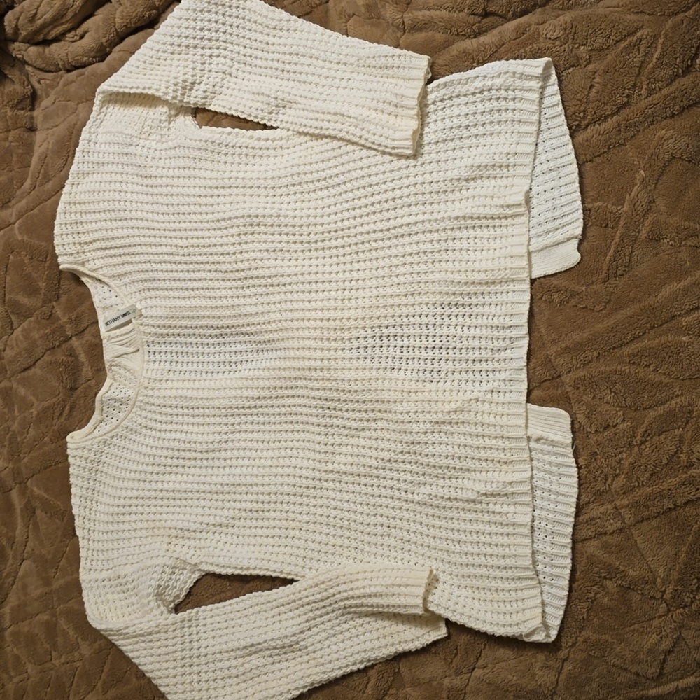 Bethany Mota Babydoll Sweater Bow Open Back White Chunky Waffle Knit L/Large